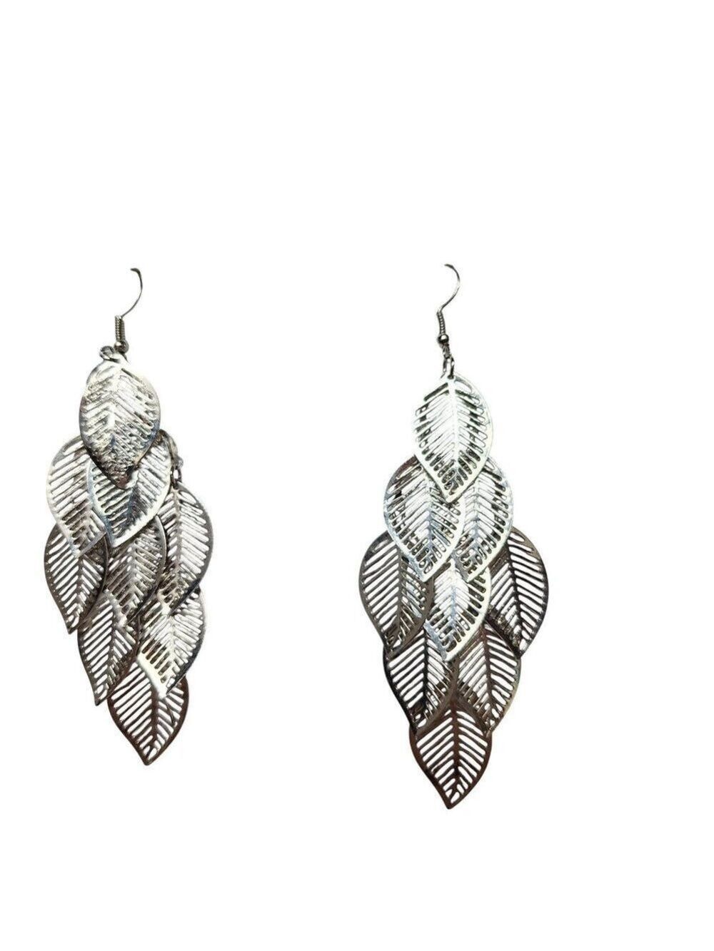 Silver Tone Layered Leaf Dangle Earrings